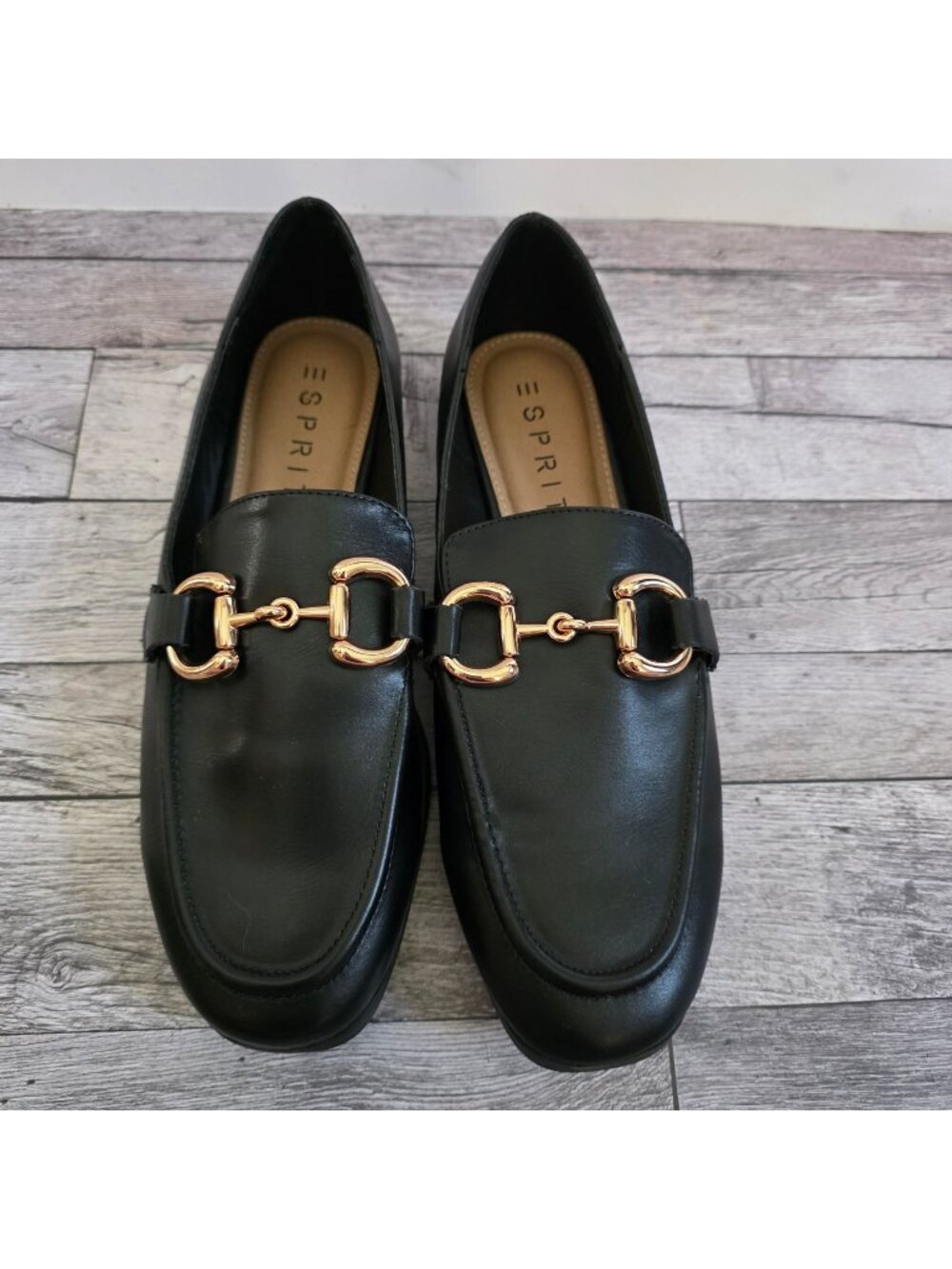 Esprit Black Faux Leather Loafers With Gold Bit Detail Womens Shoes Size 7.5